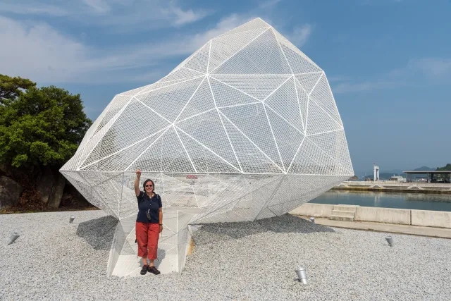 Karin in the Naoshima Pavilion in Miyanoura Harbor