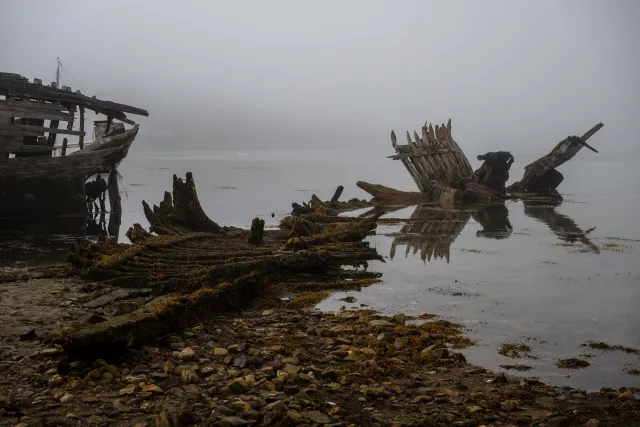 Ship skeletons in the ship graveyard of Rostellec near Crozon in Brittany